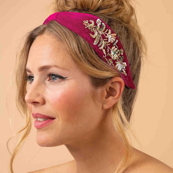 Golden Wildflowers Fuchsia Velvet Embellished Headband