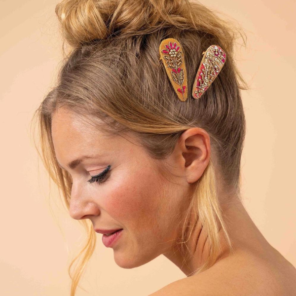 Mustard Floral Stem/60s Abstract Jewelled Hair Clips