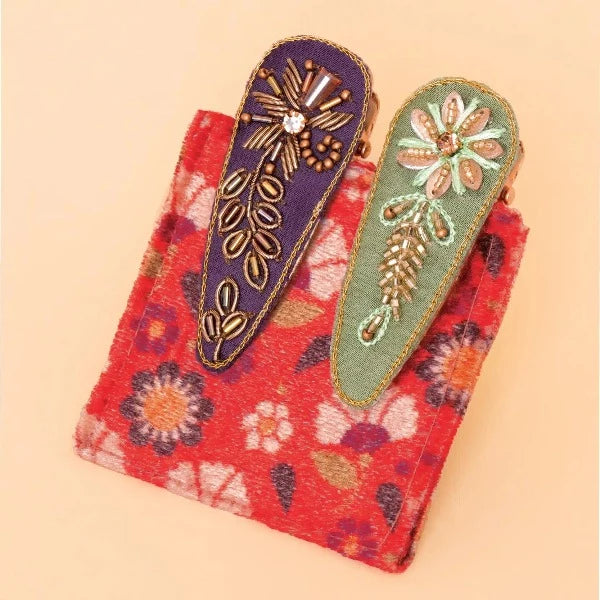 Purple/Sage Floral Stems Jewelled Hair Clips