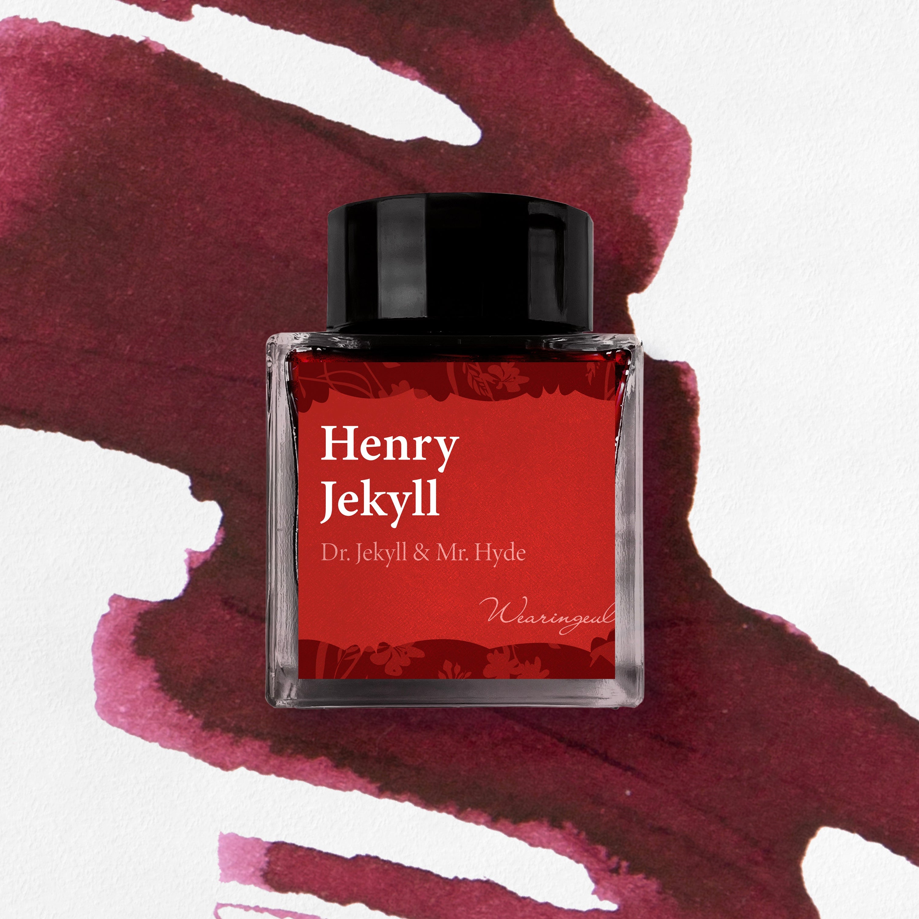 Ink bottle with 'Henry Jekyll' branding on a red and white background