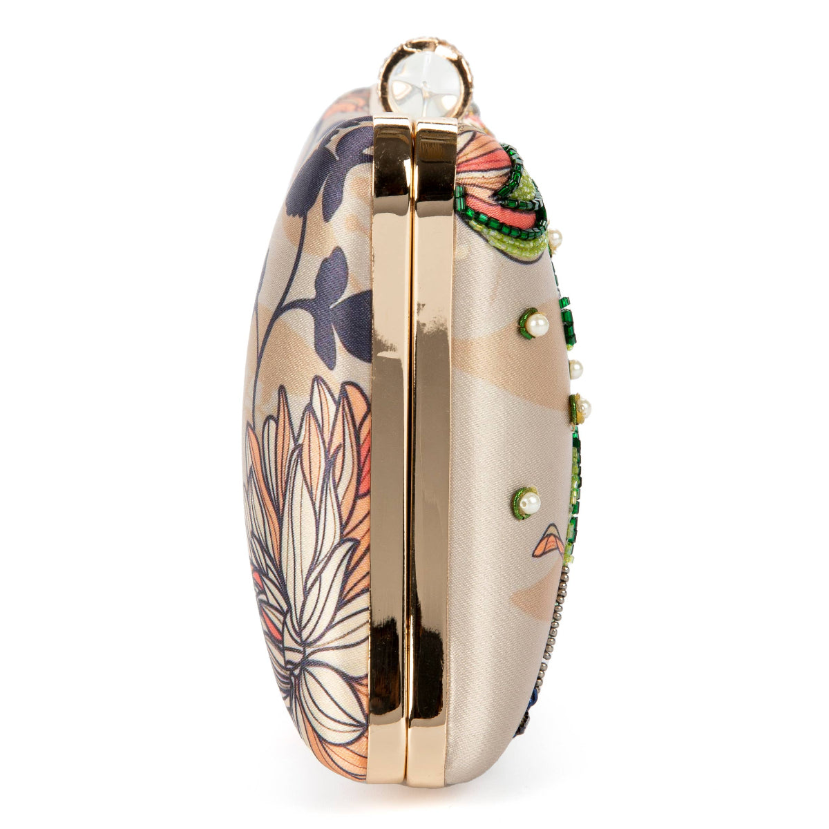 Decorative clutch with floral patterns and gold accents on a white background