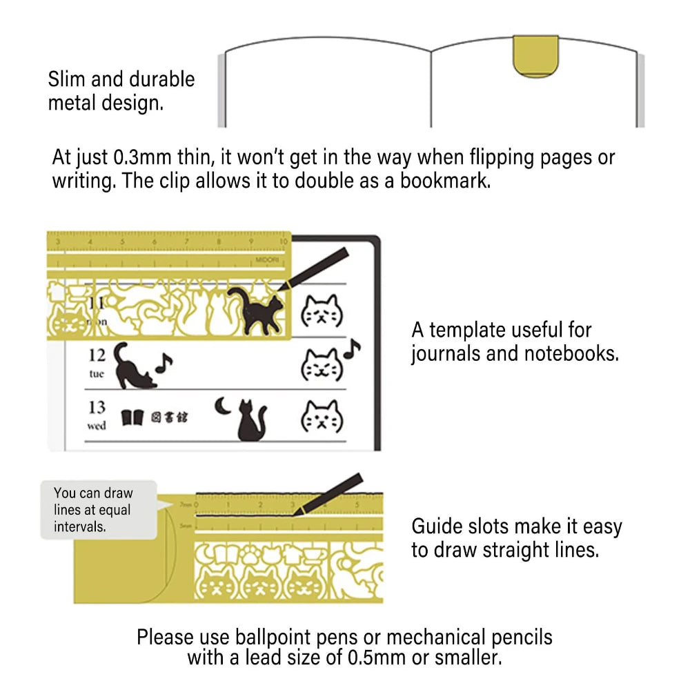 Cats Stencil Brass Clip Ruler | Midori