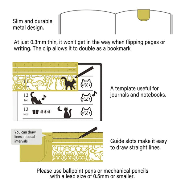 Cats Stencil Brass Clip Ruler | Midori