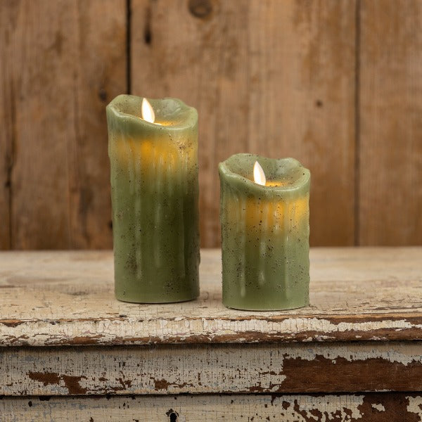 Bougies piliers à flamme mobile verte {plusieurs tailles}