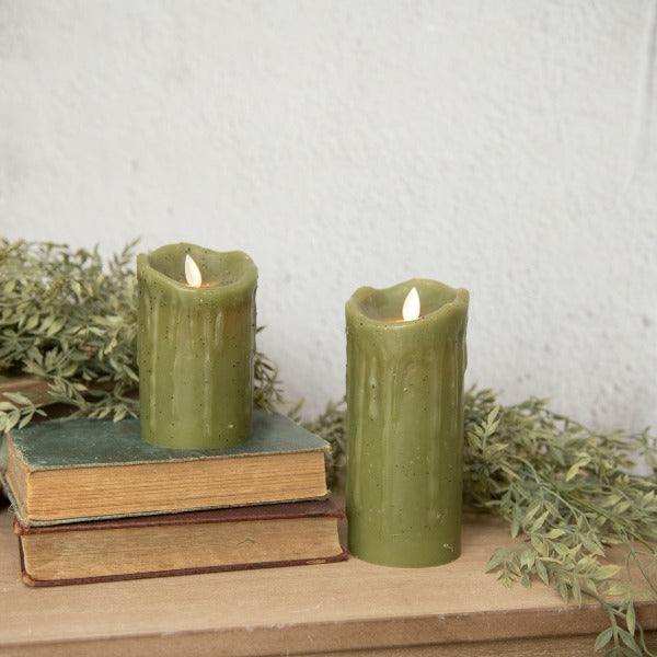 Bougies piliers à flamme mobile verte {plusieurs tailles}