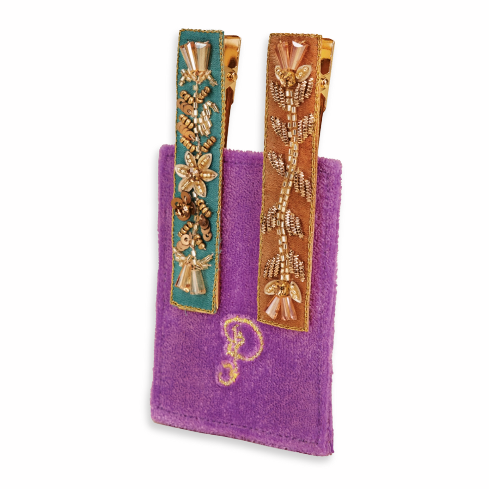 Floral Vines Set of 2 Narrow Jewelled Hair Bar Clips in Turquoise + Mustard