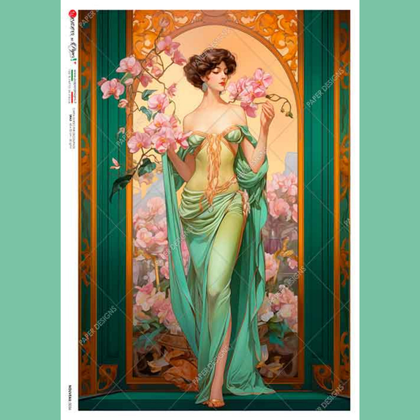 Elegant Green & Pink Floral Nouveau A4 Rice Paper