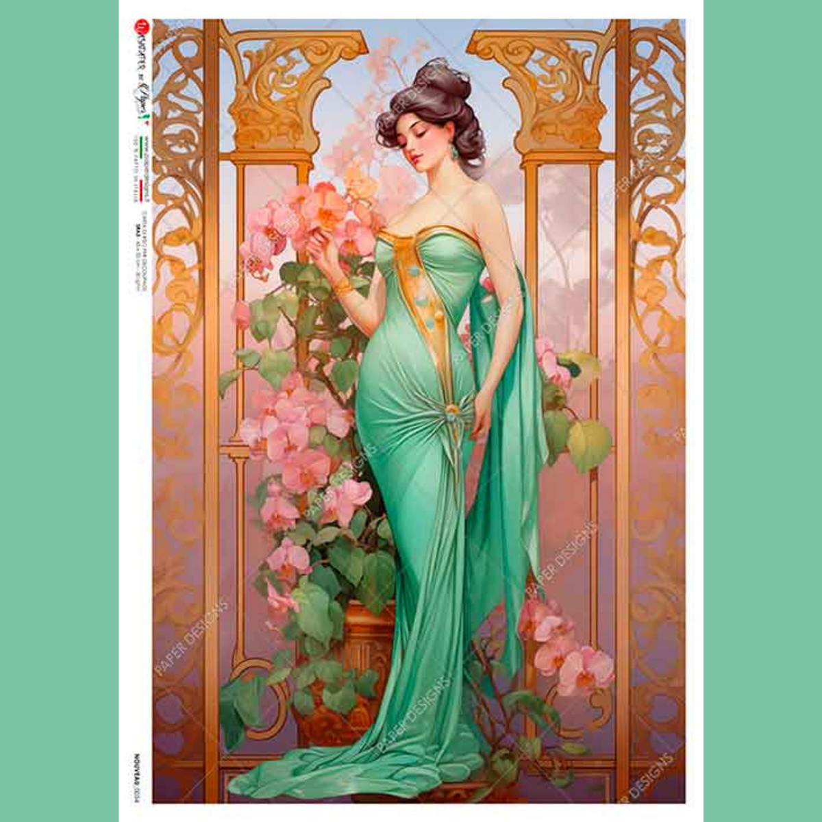 Art Nouveau Mint Green Dress A4 Rice Paper