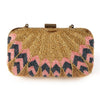 Beaded clutch bag with gold, pink, and black pattern on a white background
