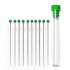 Set of stainless steel pins with green handles in a clear tube on a white background