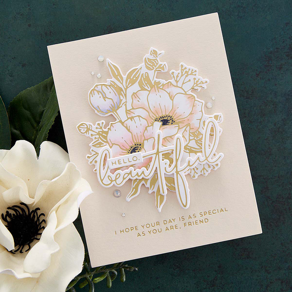 Hello, Friend Sentiments Hot Foil Plate {Glimmer} | Yana Smakula's Anemone Blooms Collection