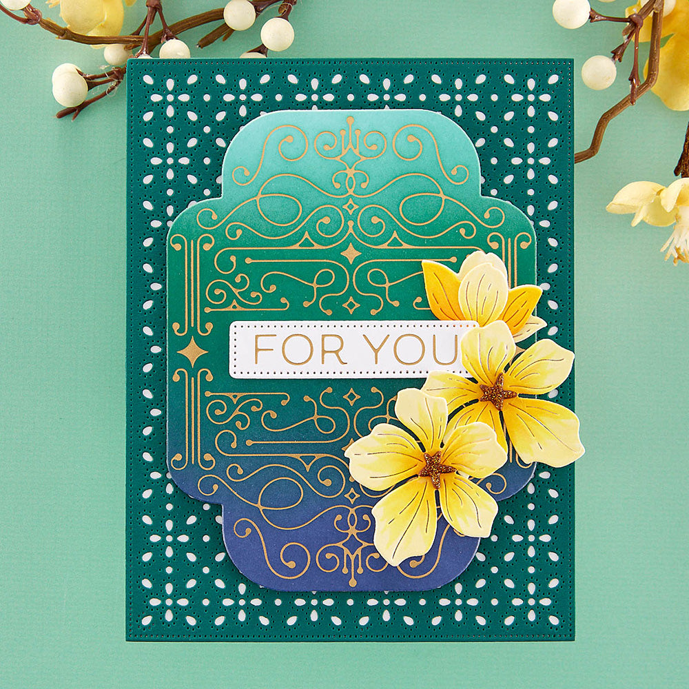 Four Petal Scroll Label Hot Foil Plate + Die Set {Glimmer} | Four Petal Collection