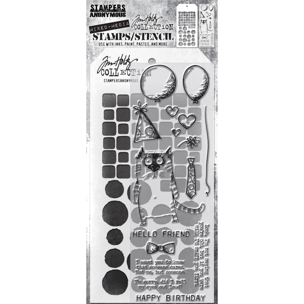 Snarky Cat Birthday + Tiles/Splotches Stamp + Stencil Set No. 09 | Tim Holtz