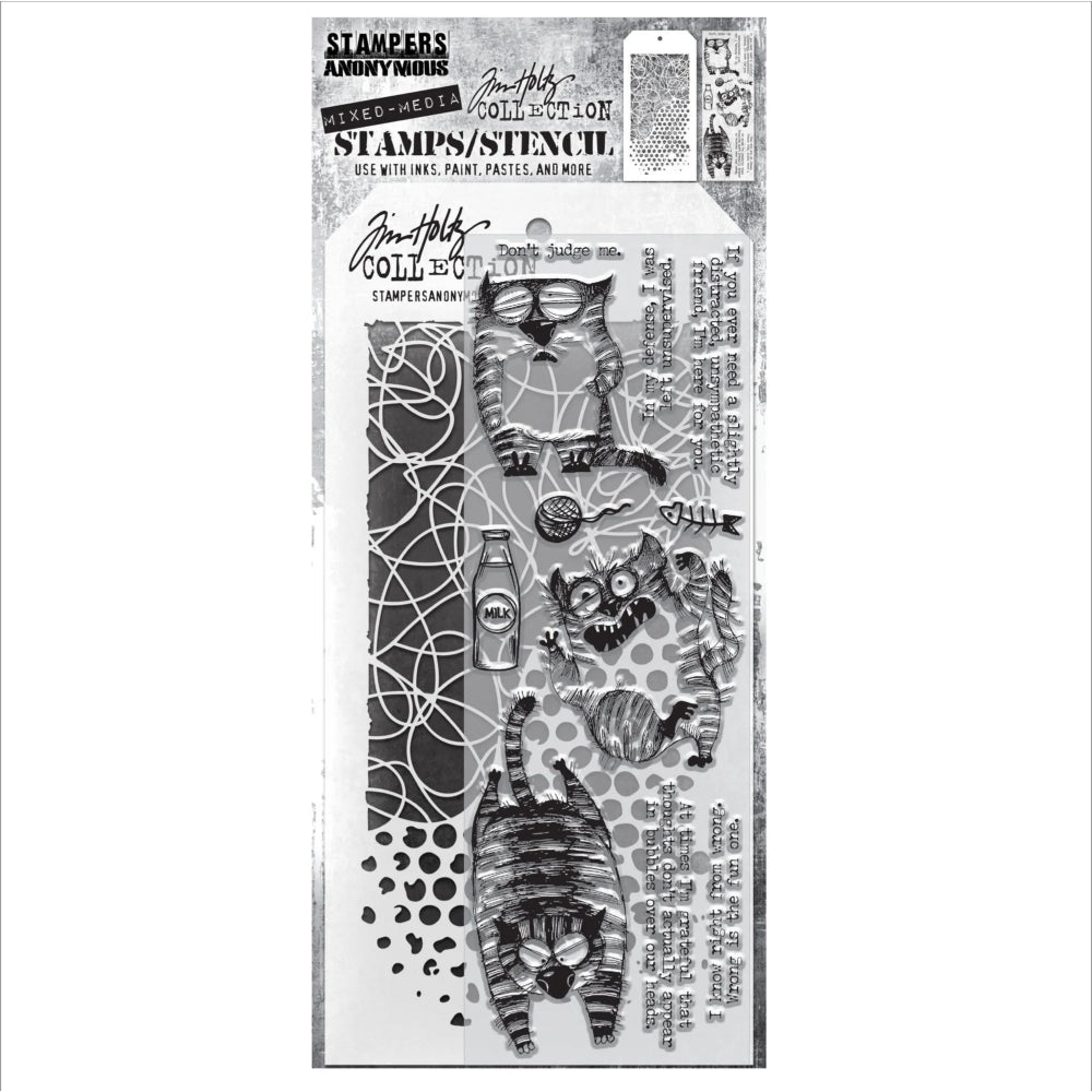 Snarky Cat + Doodle/Bubble Stamp + Stencil Set No. 10 | Tim Holtz
