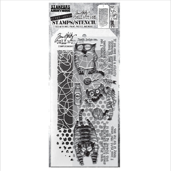 Snarky Cat + Doodle/Bubble Stamp + Stencil Set No. 10 | Tim Holtz