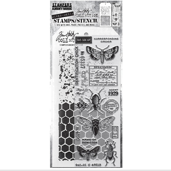 Entomology + Speckles/Honeycomb Stamp + Stencil Set No. 11 | Tim Holtz