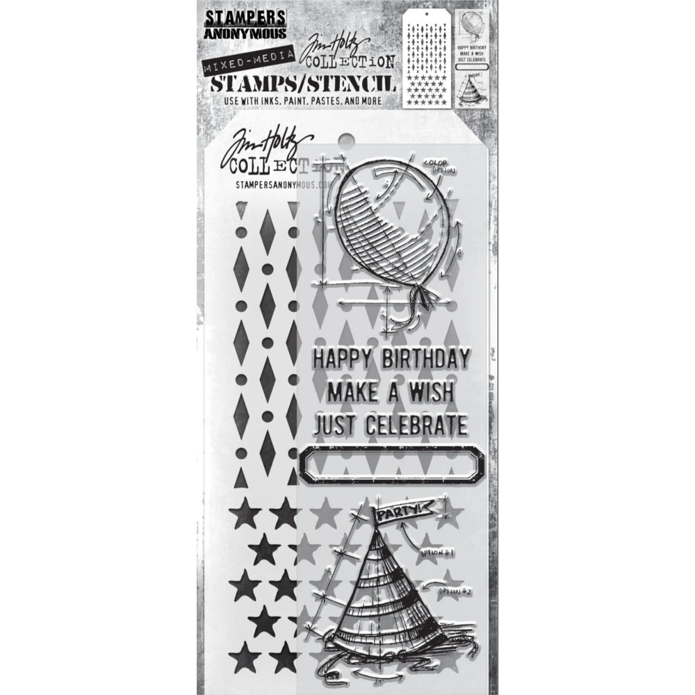 Birthday Blueprint + Diamond Dot/Stars Stamp + Stencil Set No. 43 | Tim Holtz