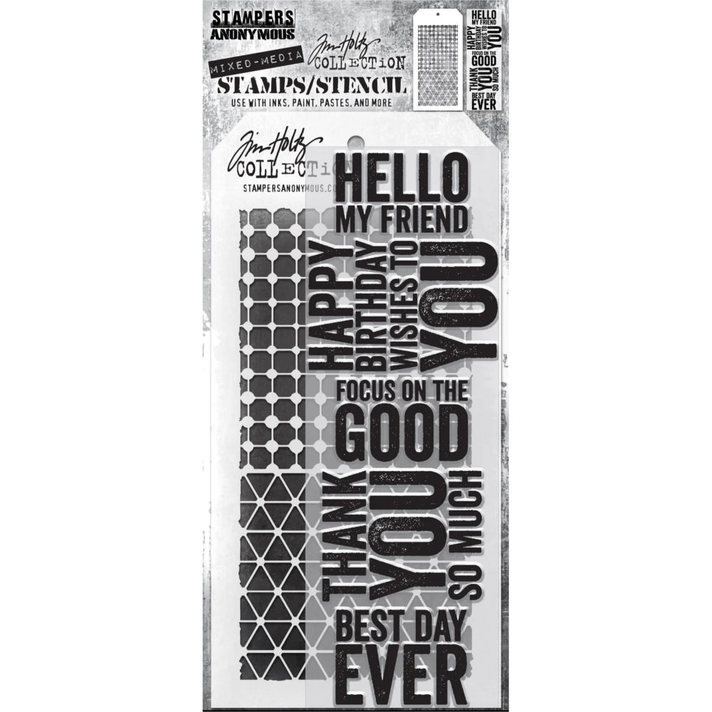 Bold Sayings + Grid Dot/Diamonds Stamp + Stencil Set No. 40 | Tim Holtz
