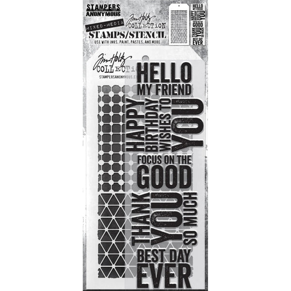 Bold Sayings + Grid Dot/Diamonds Stamp + Stencil Set No. 40 | Tim Holtz