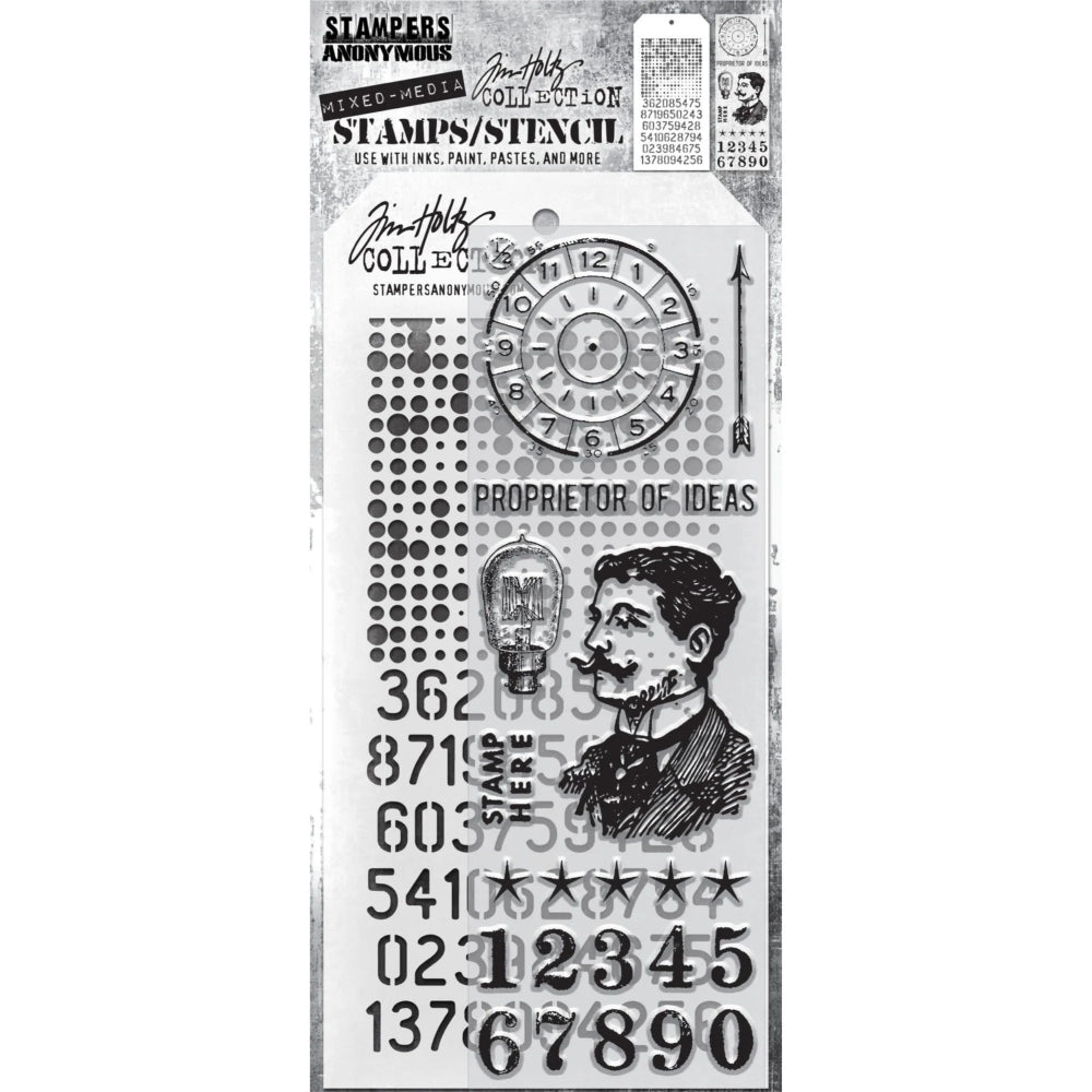 Noble Gent + Halftone/Digits Stamp + Stencil Set No. 18 | Tim Holtz