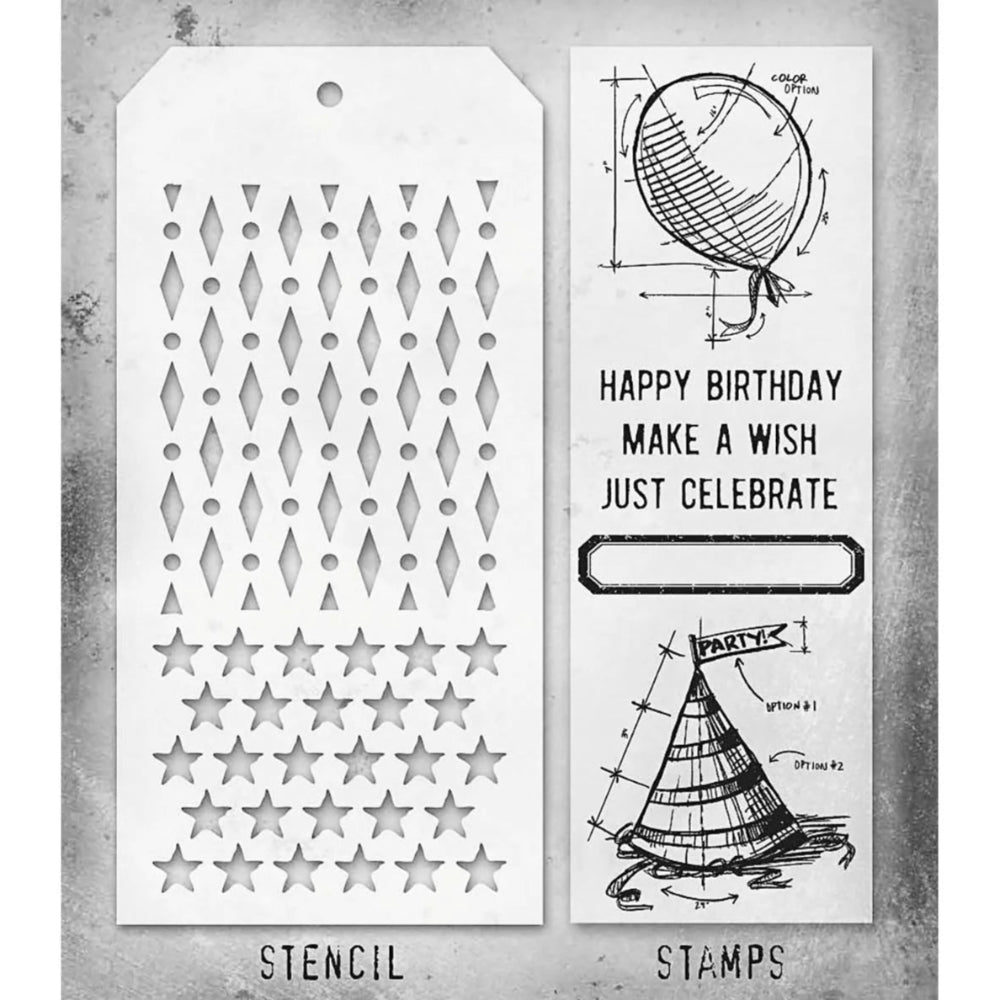 Birthday Blueprint + Diamond Dot/Stars Stamp + Stencil Set No. 43 | Tim Holtz