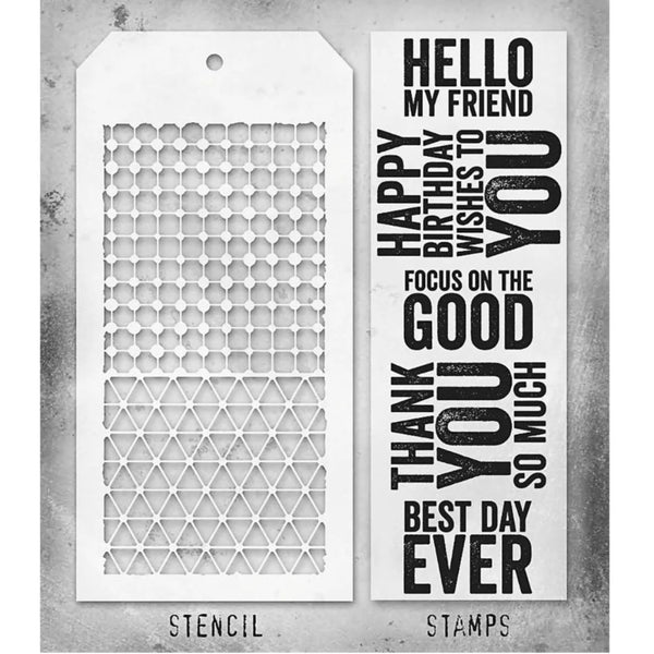 Bold Sayings + Grid Dot/Diamonds Stamp + Stencil Set No. 40 | Tim Holtz