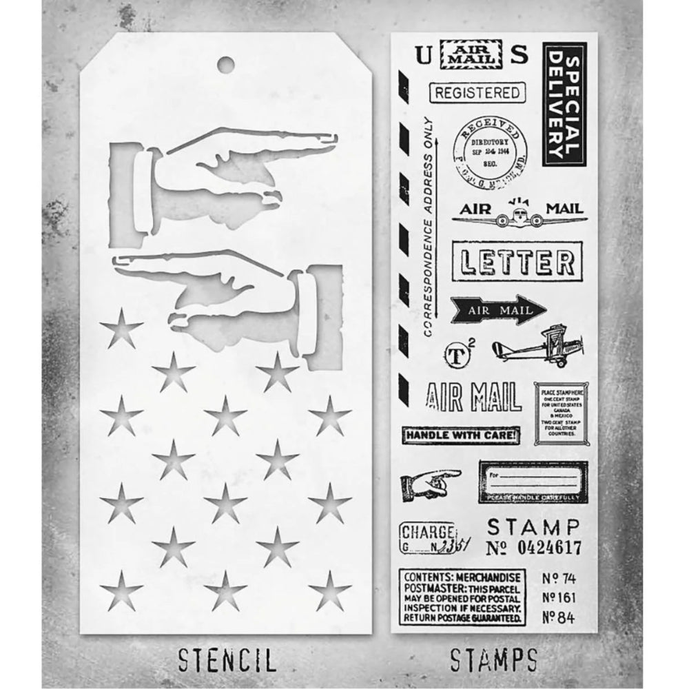 Correspondence + Direction/Shifter Stars Stamp + Stencil Set No. 41 | Tim Holtz