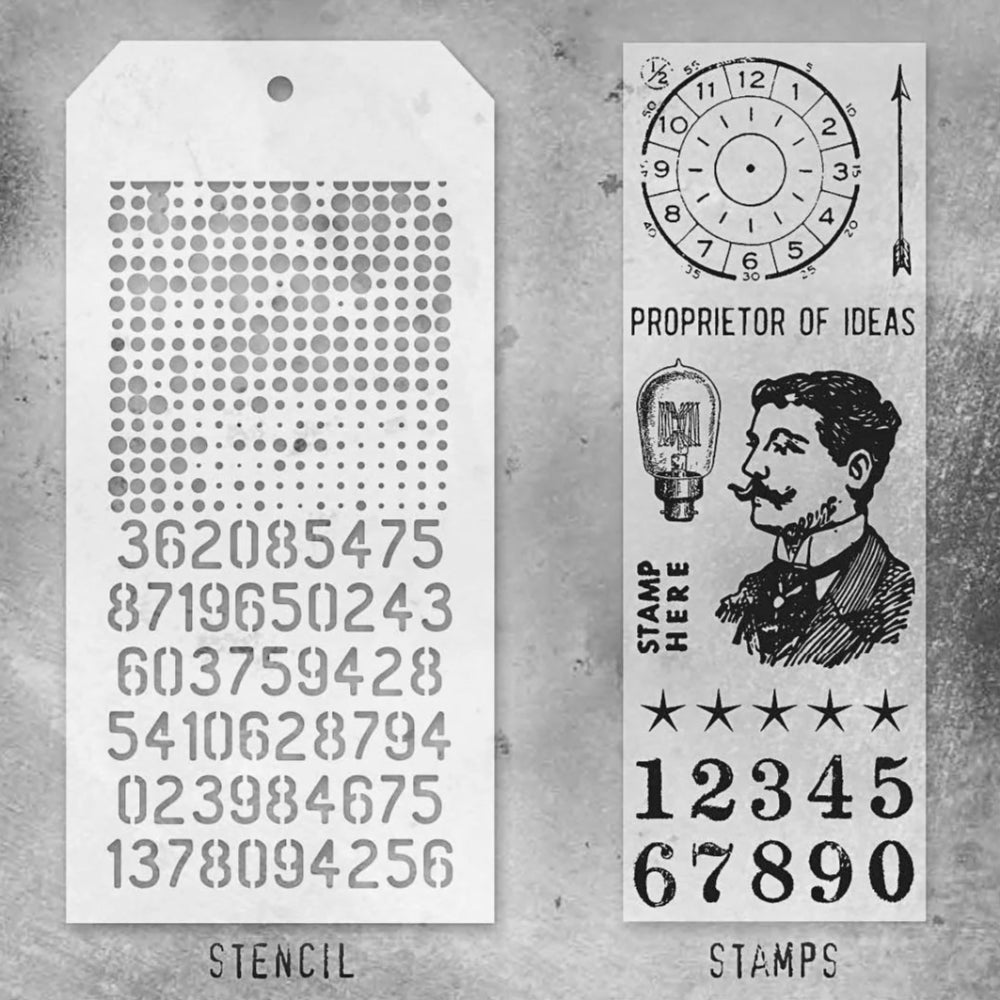 Noble Gent + Halftone/Digits Stamp + Stencil Set No. 18 | Tim Holtz