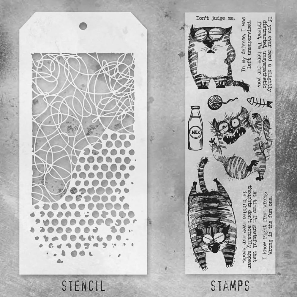 Snarky Cat + Doodle/Bubble Stamp + Stencil Set No. 10 | Tim Holtz
