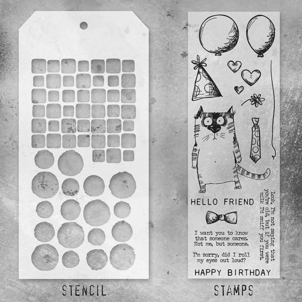 Snarky Cat Birthday + Tiles/Splotches Stamp + Stencil Set No. 09 | Tim Holtz