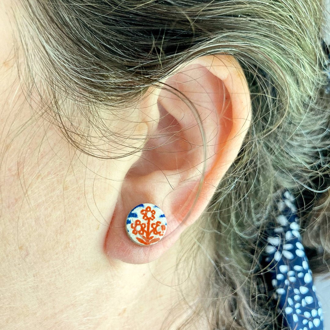 Blue with Red Flower Vintage Book Cover Post Earrings