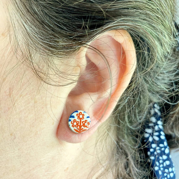 Blue with Red Flower Vintage Book Cover Post Earrings