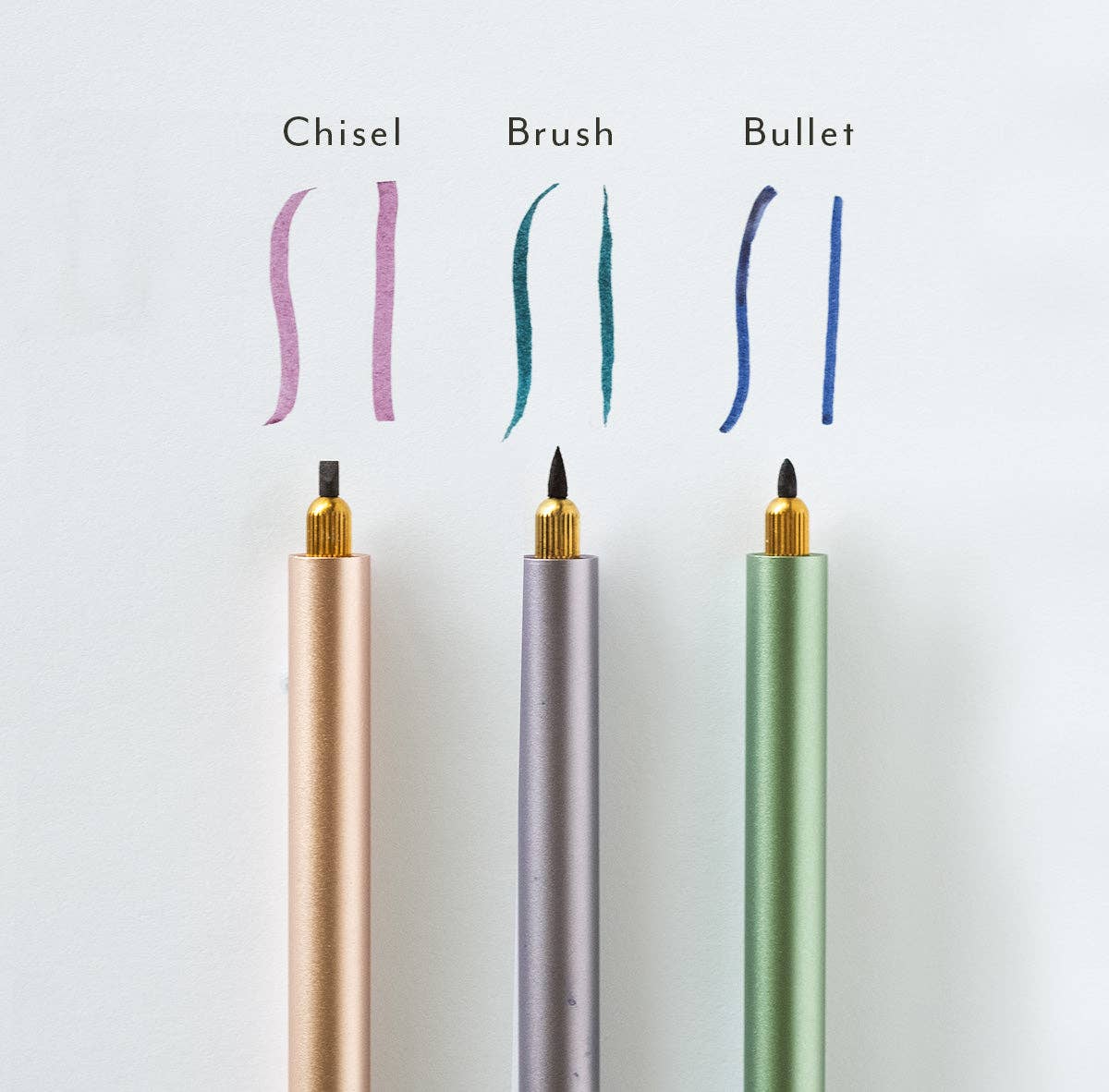 Three pens with different tips labeled 'Chisel', 'Brush', and 'Bullet' on a white background.