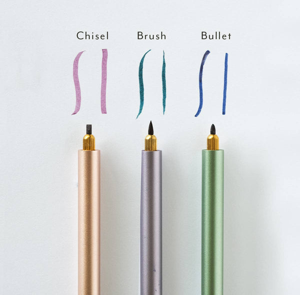 Three pens with different tips labeled 'Chisel', 'Brush', and 'Bullet' on a white background.