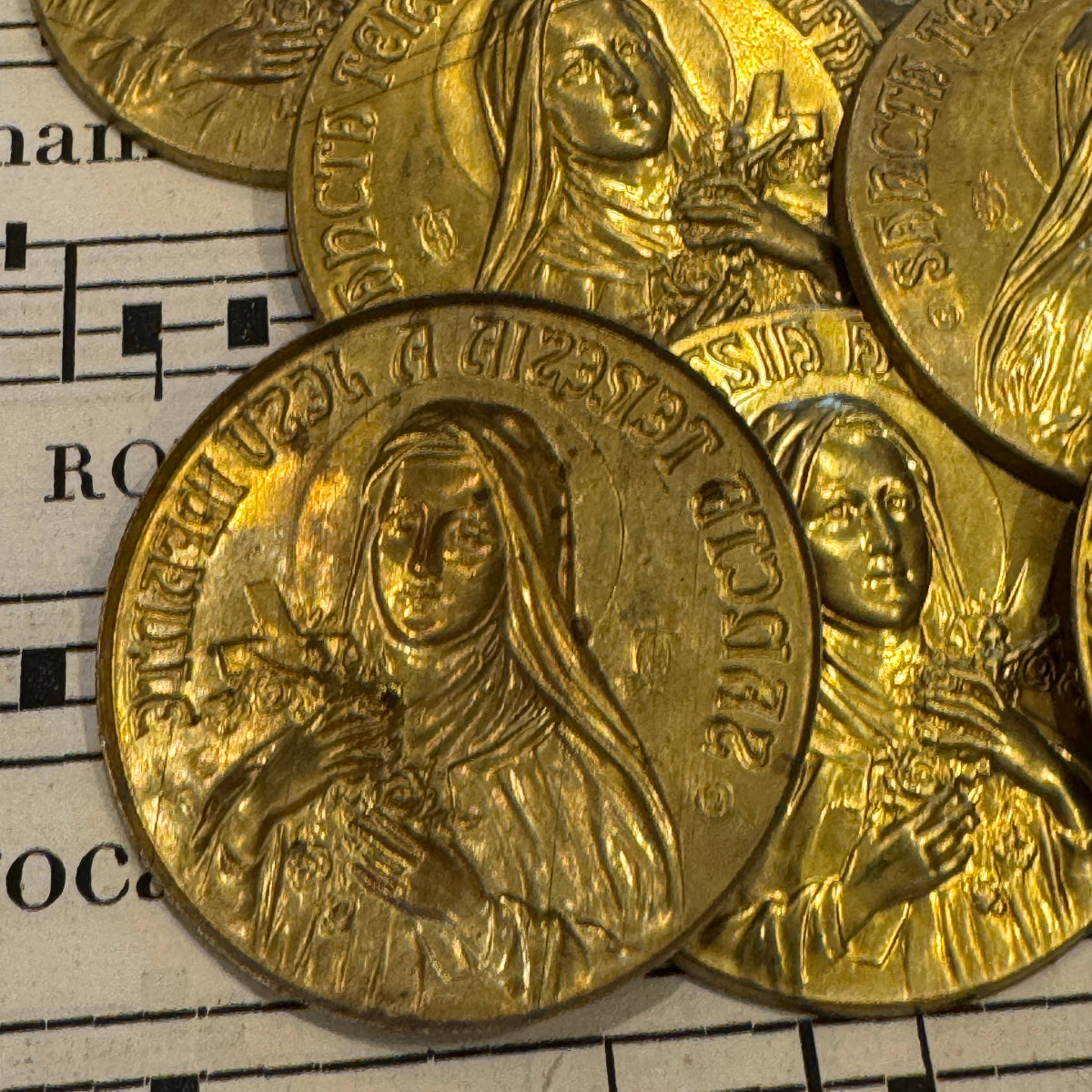 Antique/Vintage Gold Sancta Teresia A Jesu Infante Metal Pieces from Lourdes