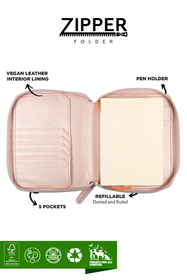 Rose Gold Vegan Leather Zippered Portfolio Notebook | Ruled