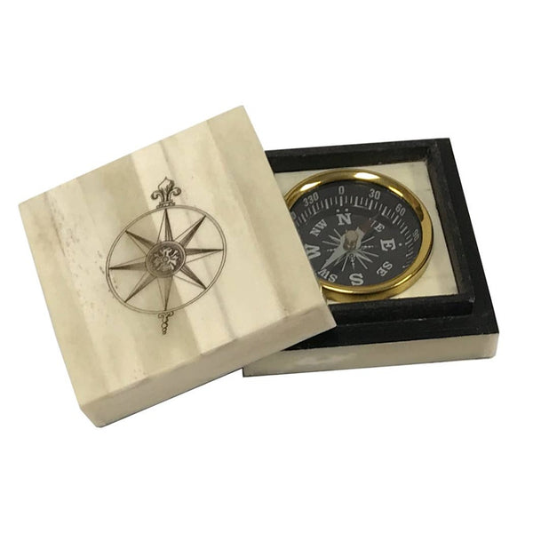 Compass Rose Engraved Scrimshaw Bone Box w/ Brass Compass