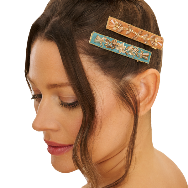 Floral Vines Set of 2 Narrow Jewelled Hair Bar Clips in Turquoise + Mustard