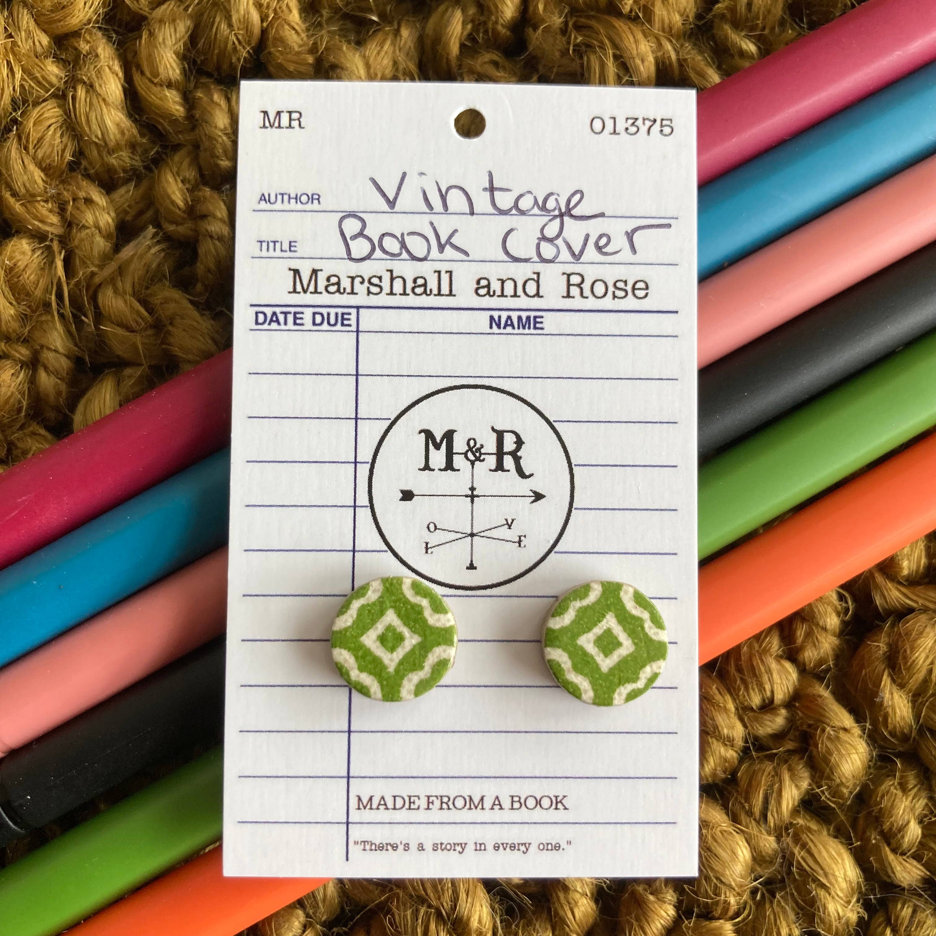 Green and White Vintage Book Cover Post Earrings