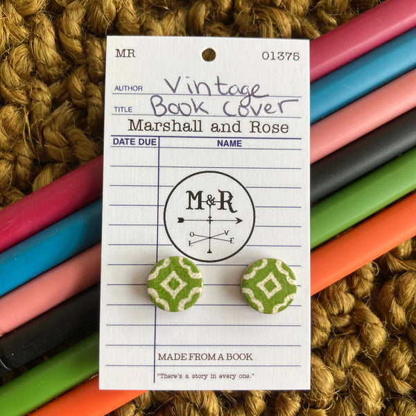 Green and White Vintage Book Cover Post Earrings