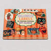 Halloween-themed sticker book with vintage designs on an orange and red striped background.