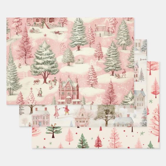 Vintage Pink Christmas Wrapping Paper Trio