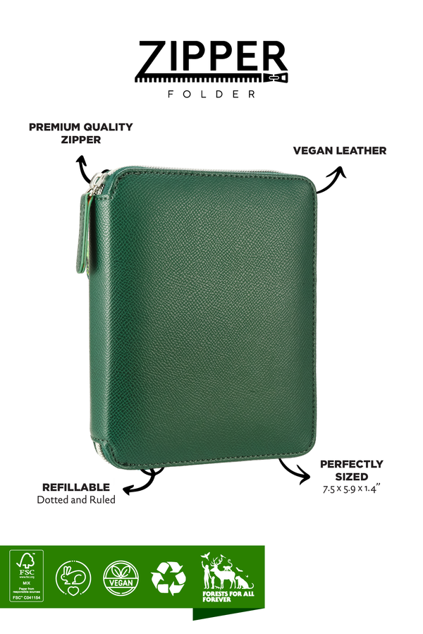 Moss Vegan Leather Zippered Portfolio Notebook | Ruled