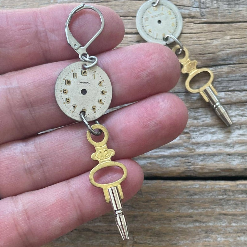 Vintage Watch Dial + Pocket Watch Key Earrings