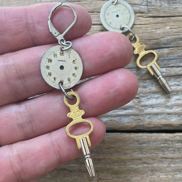 Vintage Watch Dial + Pocket Watch Key Earrings