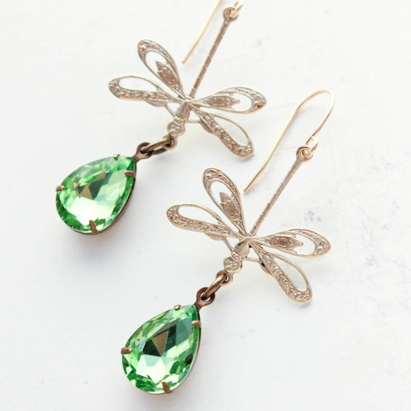 Gold Patina and Green Glass Dragonfly Earrings