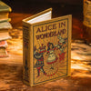 A book wallet designed to look like a miniature antique book with a cloth on hardcover, featuring illustrations of characters from 'Alice in Wonderland'.