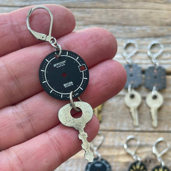 Vintage Watch Dial + Key Earrings
