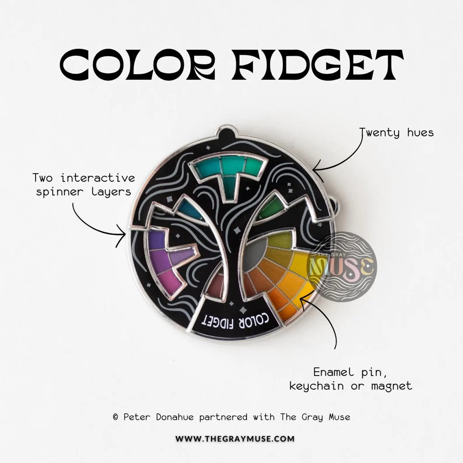Color Fidget© Interactive Spinner Pin, Keychain, or Magnet