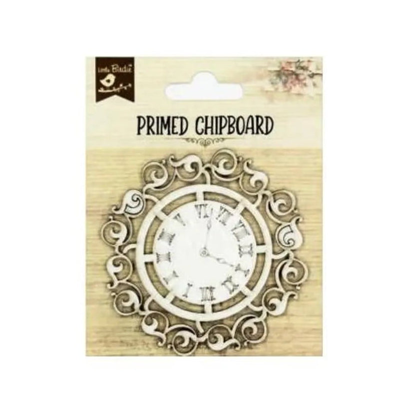 Decorative clock on a 'Primed Chipboard' packaging with a white background